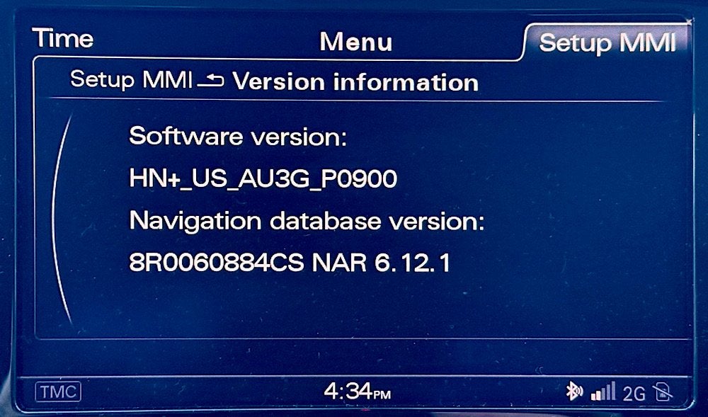Екран Setup MMI Version information в Audi